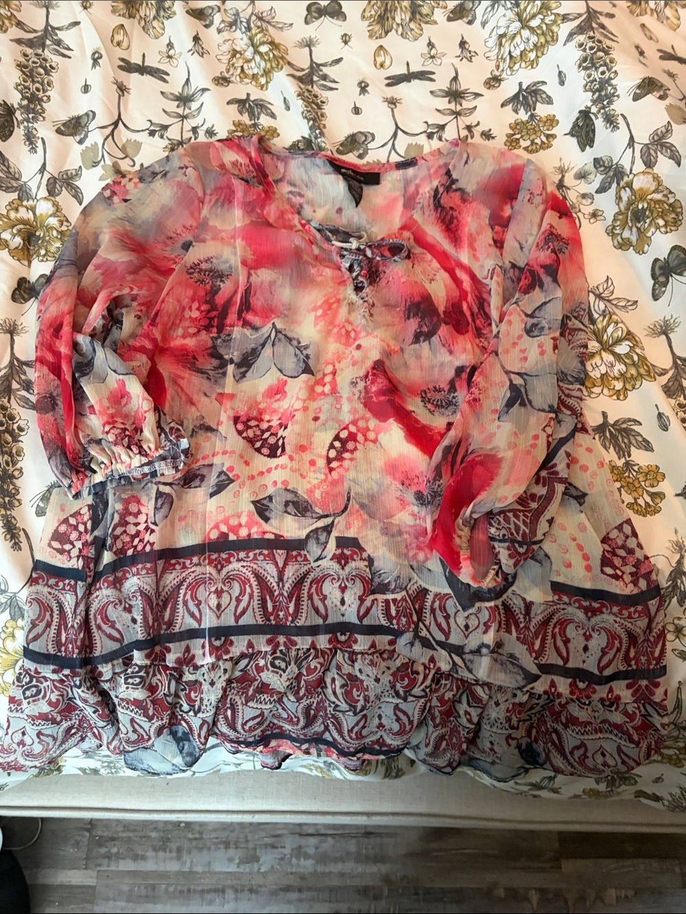Style and co Sheer Floral Tie-Neck Blouse in Pink‎ and Blue